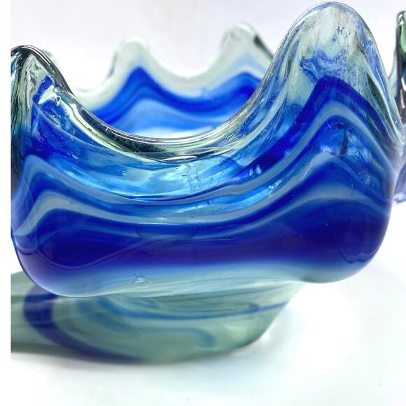 Vintage Art Glass Sooner‎ Blue Swirl Murano Style Hand Blown Swan Bowl Dish - Picture 2 of 8
